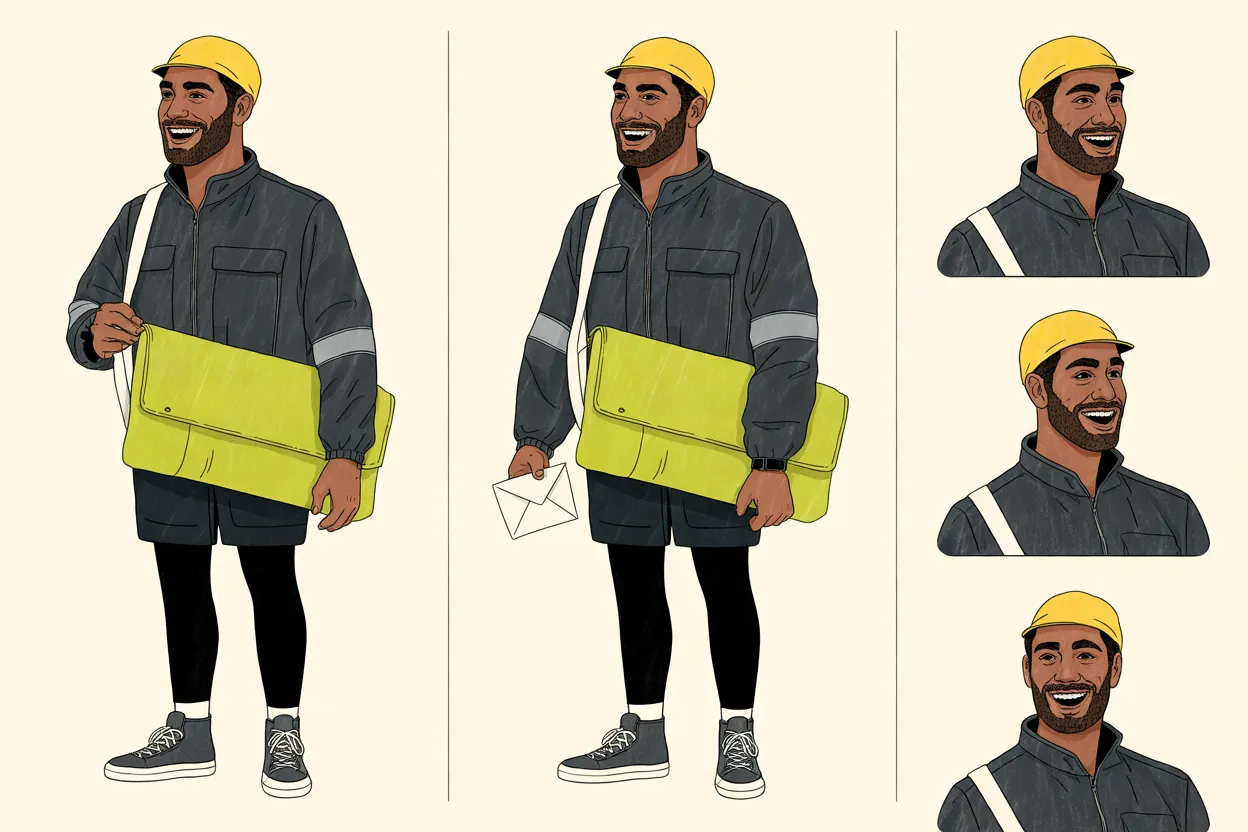 The Night Courier character sheet on a warm off-white background: two full-body views, one holding an envelope, and three head-and-shoulders expressions