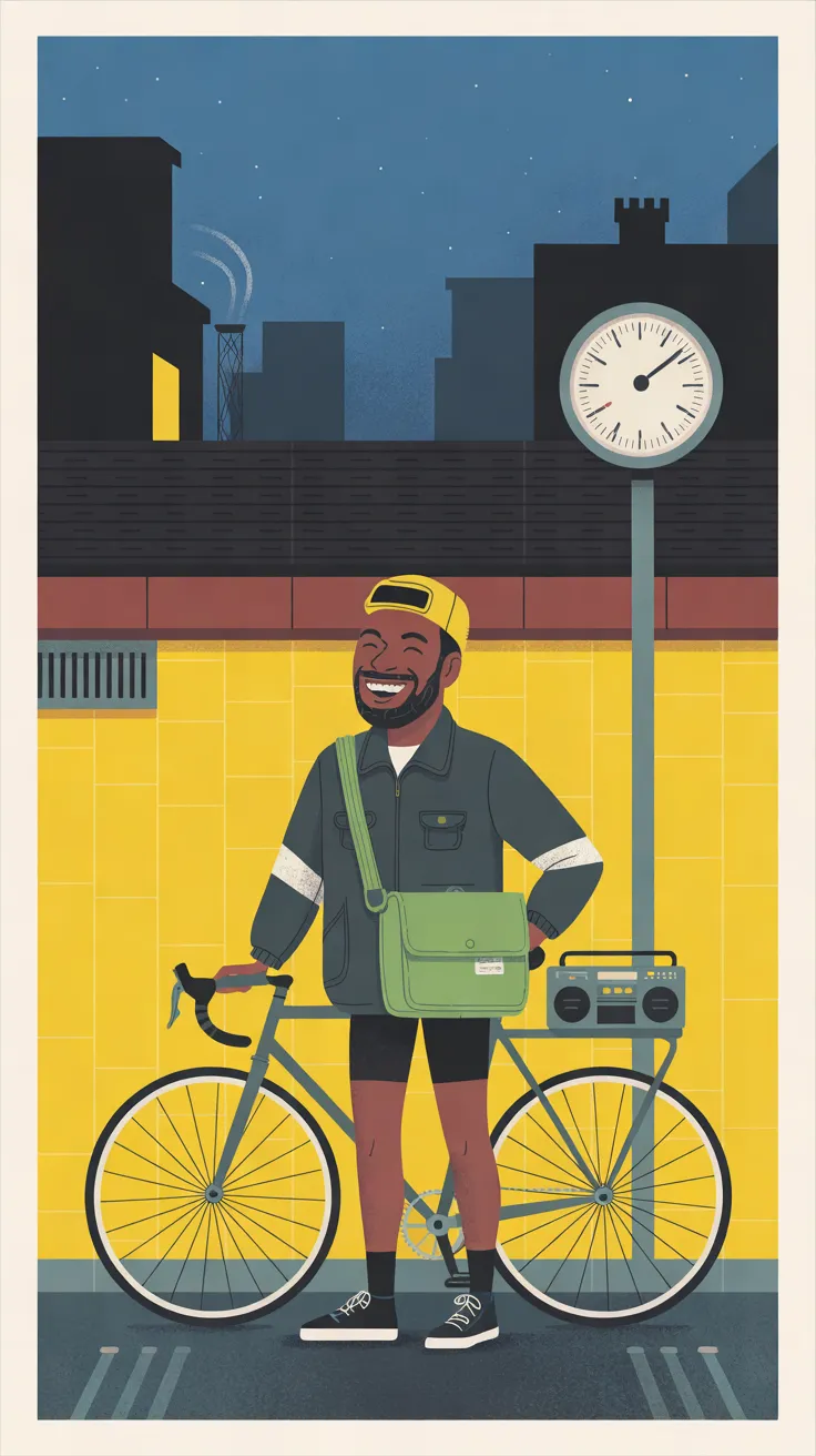 The Night Courier laughing beside his track bike under a street clock against a yellow-tiled wall at night, a sour-green messenger bag across his chest and a boombox on the rack